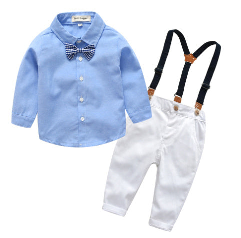 Boys Gentleman Bib Pant Suit Long Sleeve Bow Tie White - D&A
