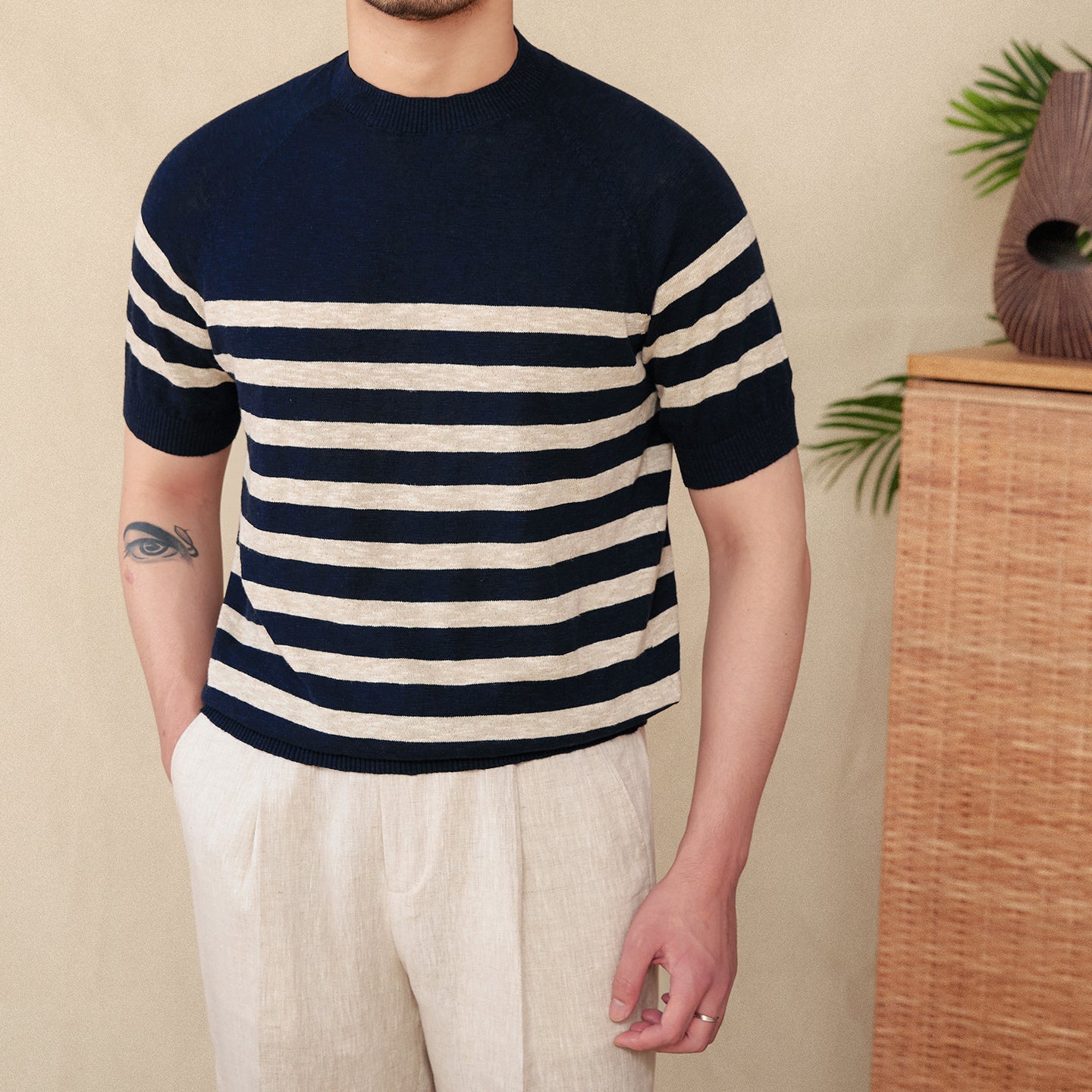 Linen Leisure Cotton Short Sleeve Round Neck Stripe Knitted T-shirt Navy blue - D&A