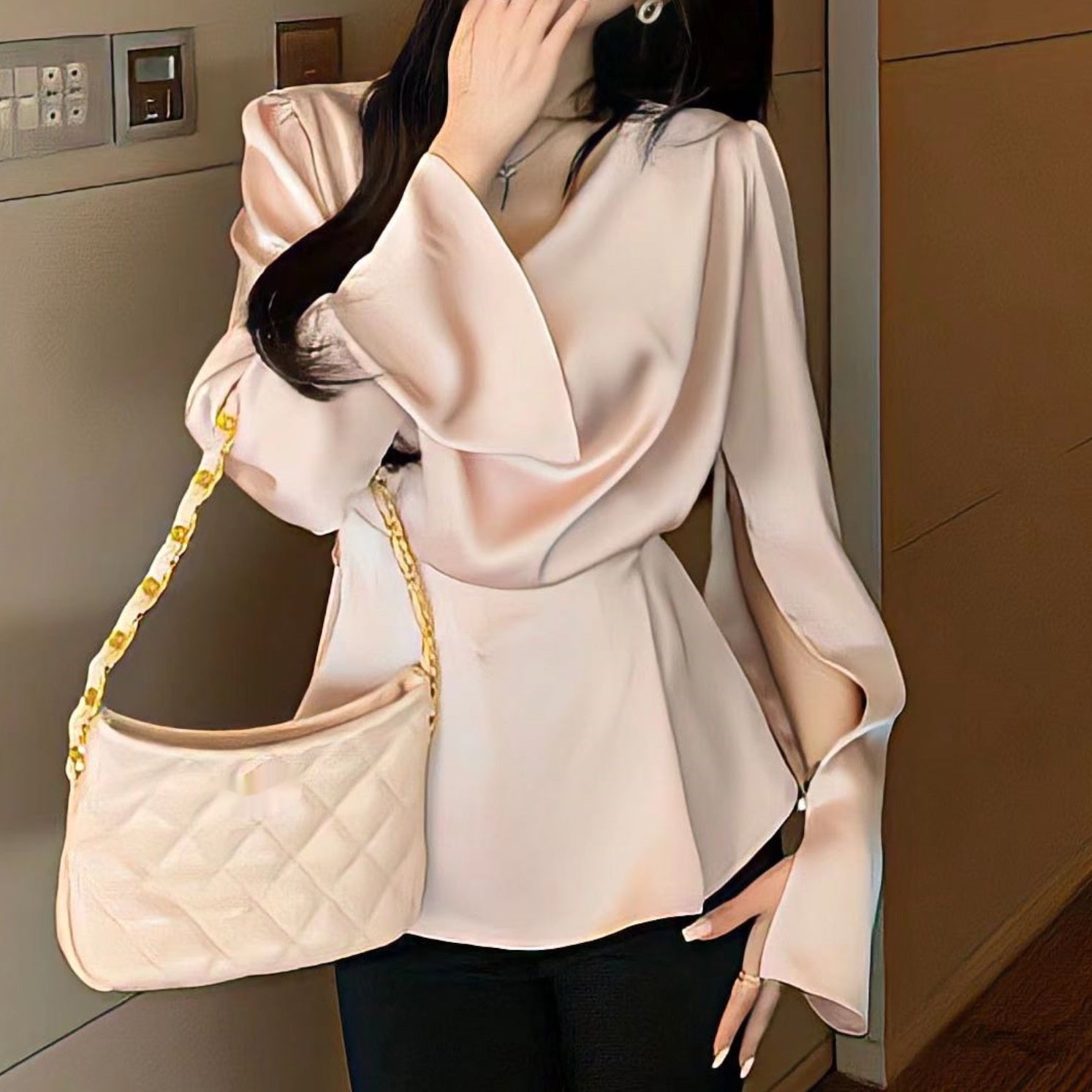 High-end Irregular Bell Sleeve Waist-tight Graceful Satin Long Sleeve Shirt Pink - D&A