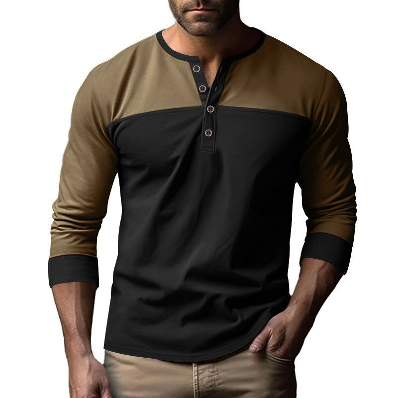 Retro Trendy Long-sleeve Color Matching Henry Collar Bottoming Shirt Casual T-shirt - D&A