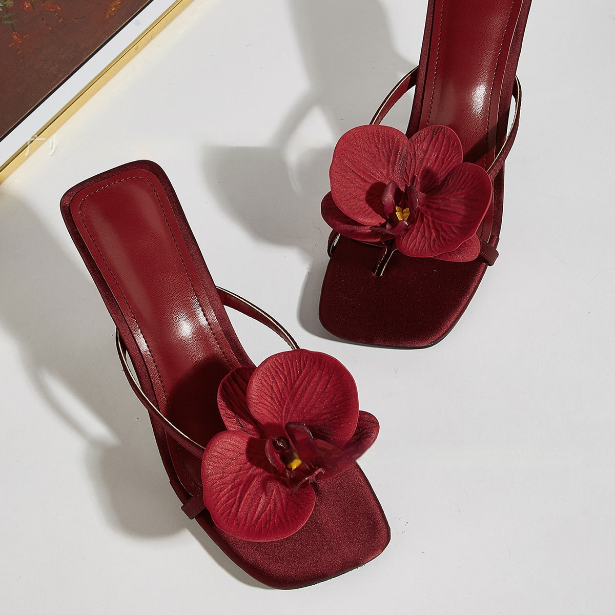 Wine Red Meiko Flower Decorative Flip-toe Square Toe High Heel Sandals - D&A