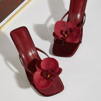 Wine Red Meiko Flower Decorative Flip-toe Square Toe High Heel Sandals - D&A