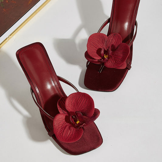 Wine Red Meiko Flower Decorative Flip-toe Square Toe High Heel Sandals - D&A