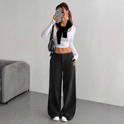 Corduroy Pants Women's Loose Fashion Casual Pants Black - D&A