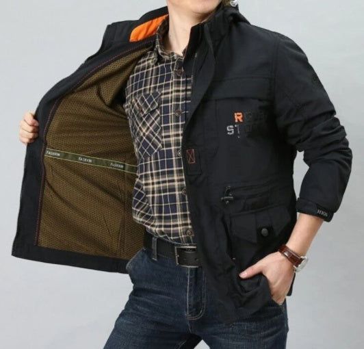 Spring thin Jacket jacket Men's casual outdoor waterproof breathable long hooded stand collar Jackets men 086 Black - D&A