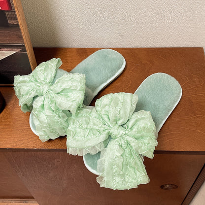 Sweet Style Big Bow Cotton Slippers Fashion Four Seasons Soft Bottom Home Shoes Green - D&A