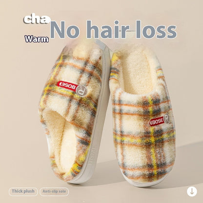 Women's Home Plush Warm Non-slip Plaid Cotton Shoes - D&A