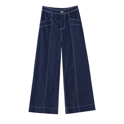 Stitching Double-line Wide-leg Denim Ankle-length Pants Women - D&A