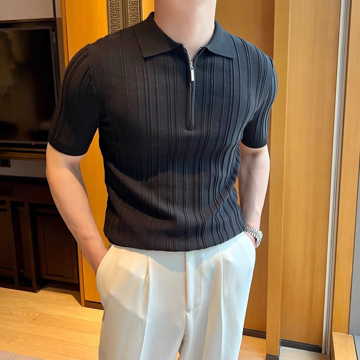 Casual Zipper Short Sleeve Men's Retro Elegant Jacquard Lapel Black - D&A