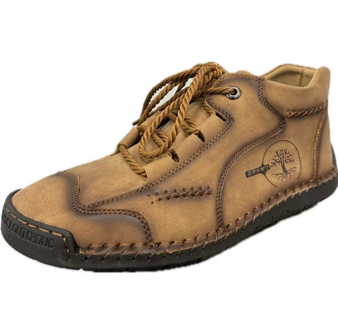Men's Autumn Sewing High-top Leather Flat Outdoor Work Clothes Casual Shoes 9932 Brown Bags - D&A