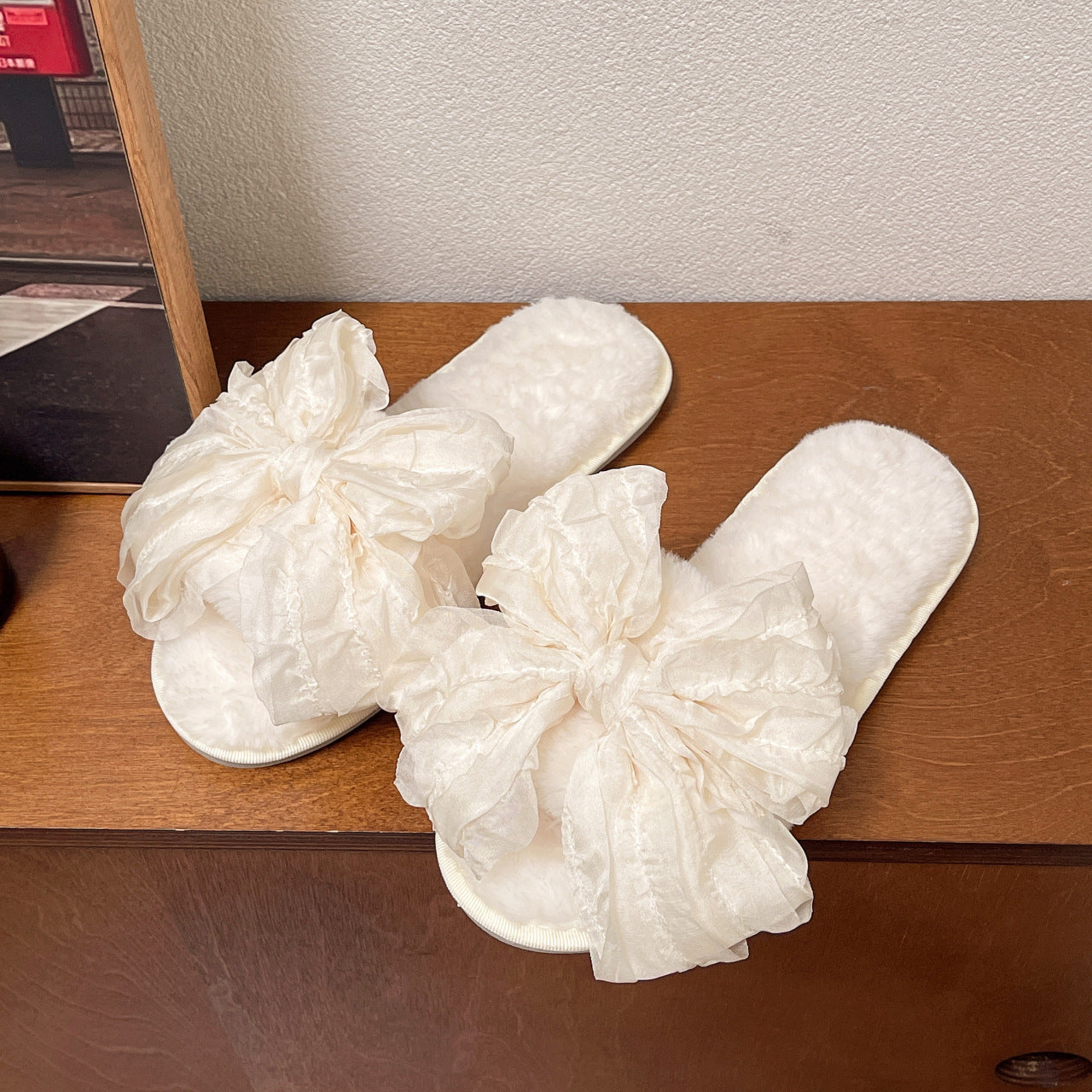 Sweet Style Big Bow Cotton Slippers Fashion Four Seasons Soft Bottom Home Shoes White - D&A