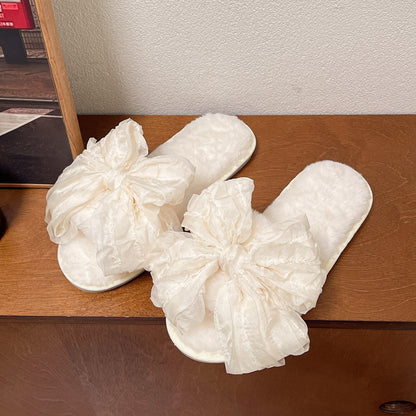 Sweet Style Big Bow Cotton Slippers Fashion Four Seasons Soft Bottom Home Shoes White - D&A