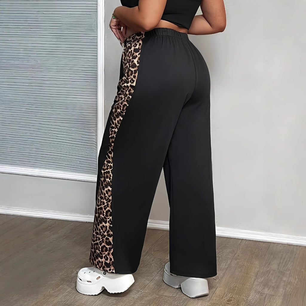 Black Loose Leopard Print Fashionable Wide-leg Pants Plus Size Women's Pants - D&A