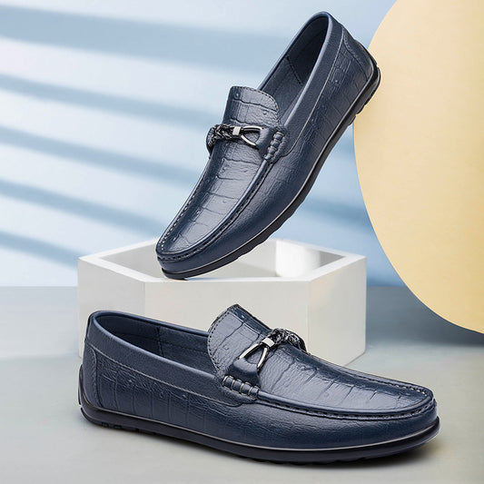 Round Toe Embossed Casual Leather Shoes Flat Heel - D&A