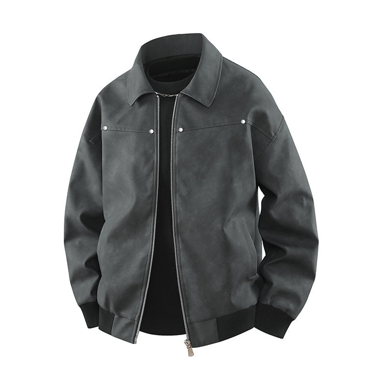 American Retro Brown Lapel Leather Coat Black And Gray - D&A