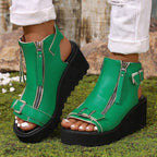 Round Toe Double Zipper Heel Buckle Hollow Women's Sandals - D&A