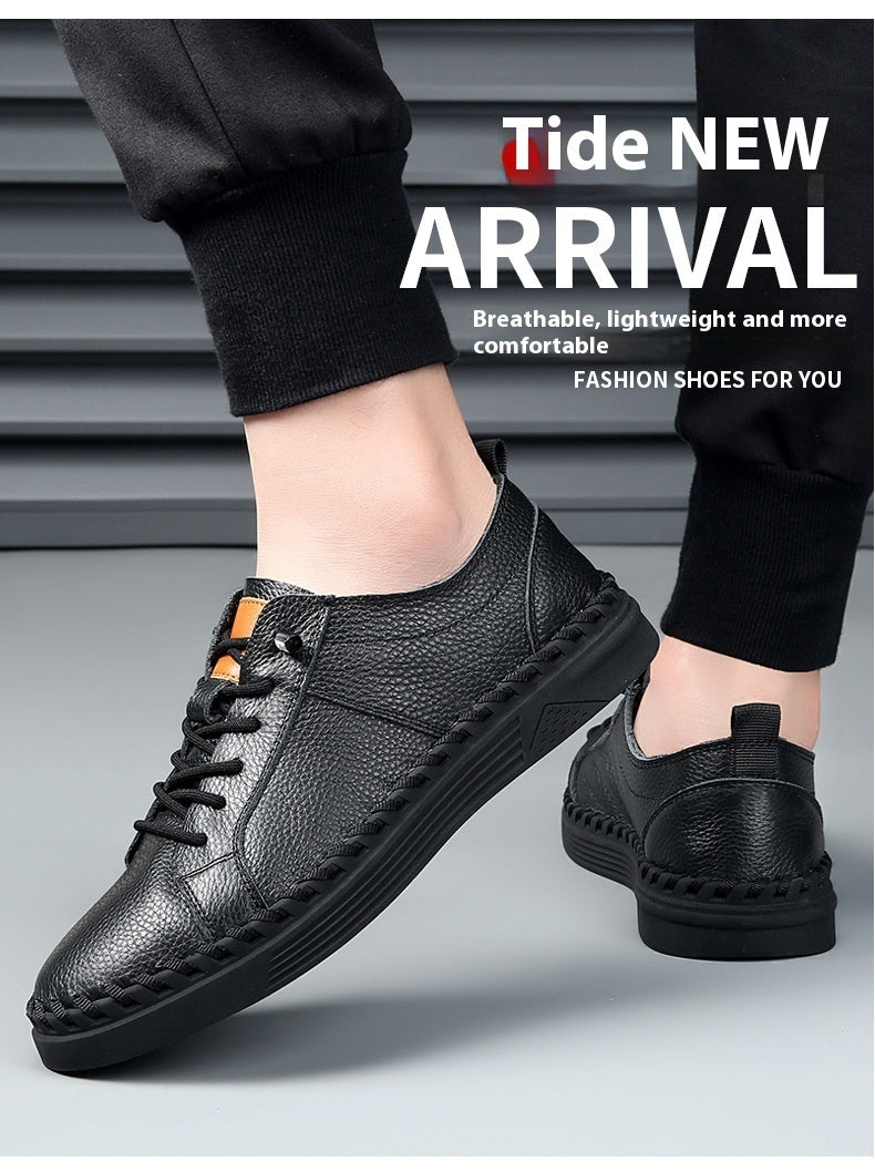 First Layer Soft Cowhide Men's Sneakers Breathable Sweat Absorbing Black - D&A