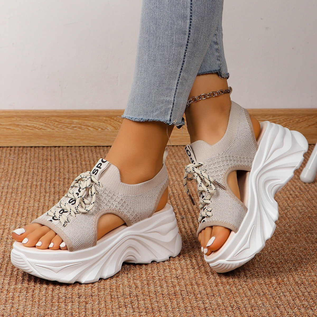 Women's Shoes Fashion Hollowed-out Mid Heel Mesh Sports Platform Sandals - D&A