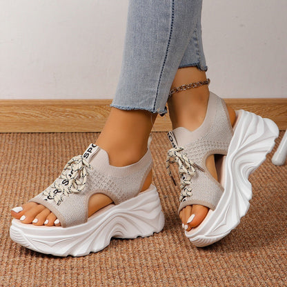 Women's Shoes Fashion Hollowed-out Mid Heel Mesh Sports Platform Sandals - D&A