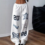 Women's Printed Drawstring Straight Sports Casual Pants - D&A