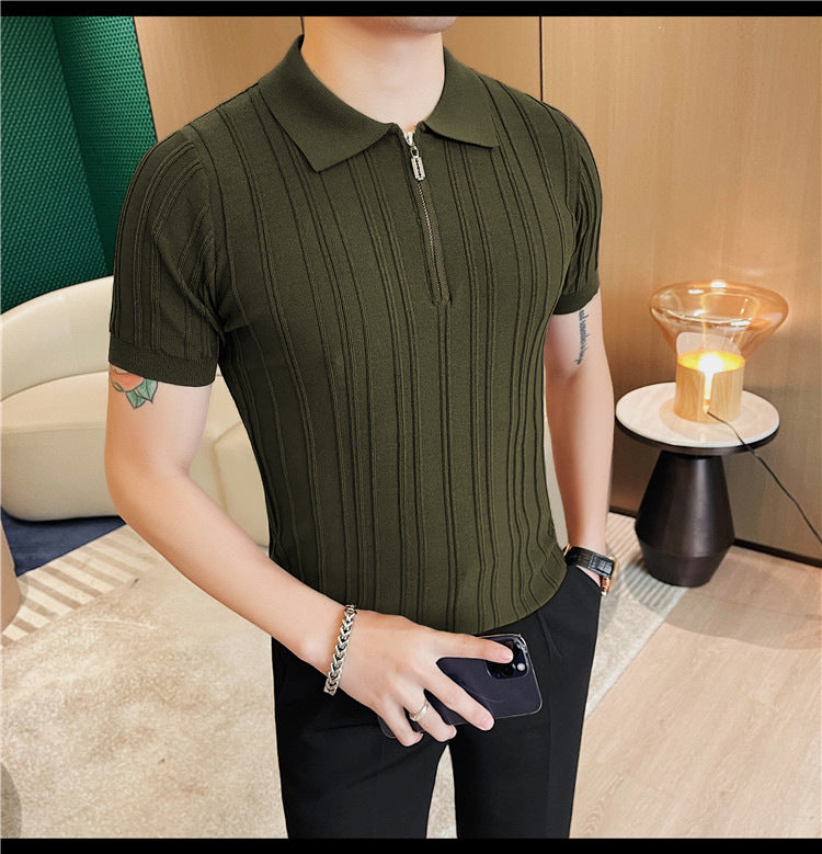 Casual Zipper Short Sleeve Men's Retro Elegant Jacquard Lapel Dark Green - D&A