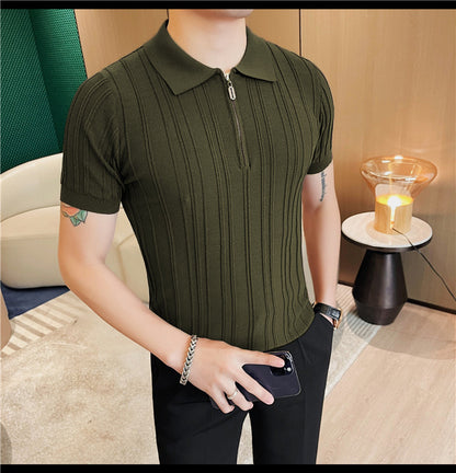 Casual Zipper Short Sleeve Men's Retro Elegant Jacquard Lapel Dark Green - D&A