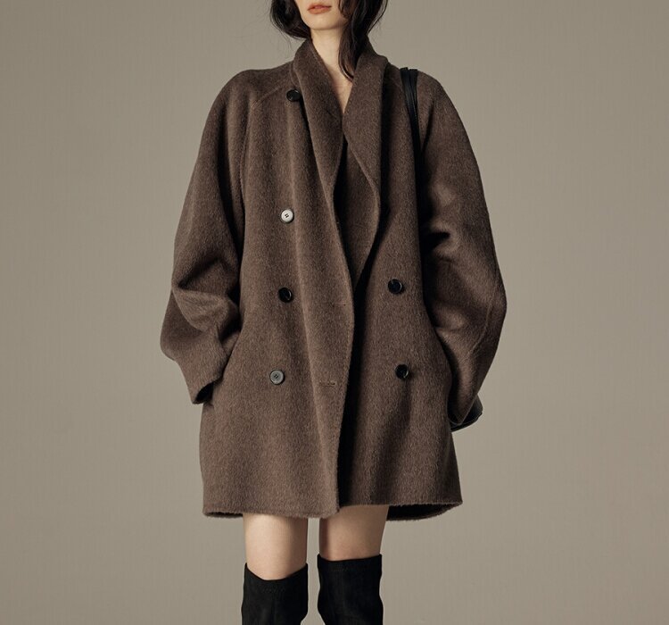 Elegant Winter Double-sided Wool Women's Coat Brown - D&A