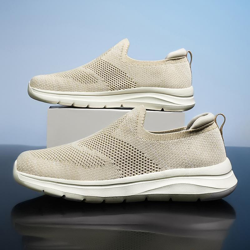 Sports Men's Extra Large Size Slip-on Mesh Flying Woven Light Casual Shoes Beige - D&A