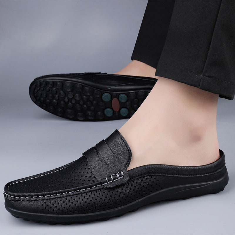 Casual Hollow Leather Shoes Breathable Half Slippers - D&A