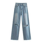 Spring And Summer Women's Perforated Hole Decoration High Waist Wide Leg Jeans - D&A