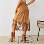 Women's Tassel Edge Asymmetrical Hem Solid Color Skirt - D&A