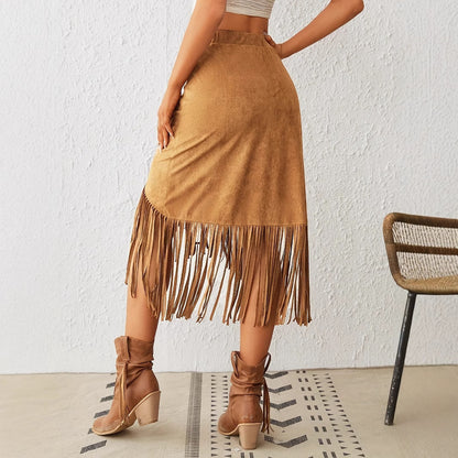 Women's Tassel Edge Asymmetrical Hem Solid Color Skirt - D&A