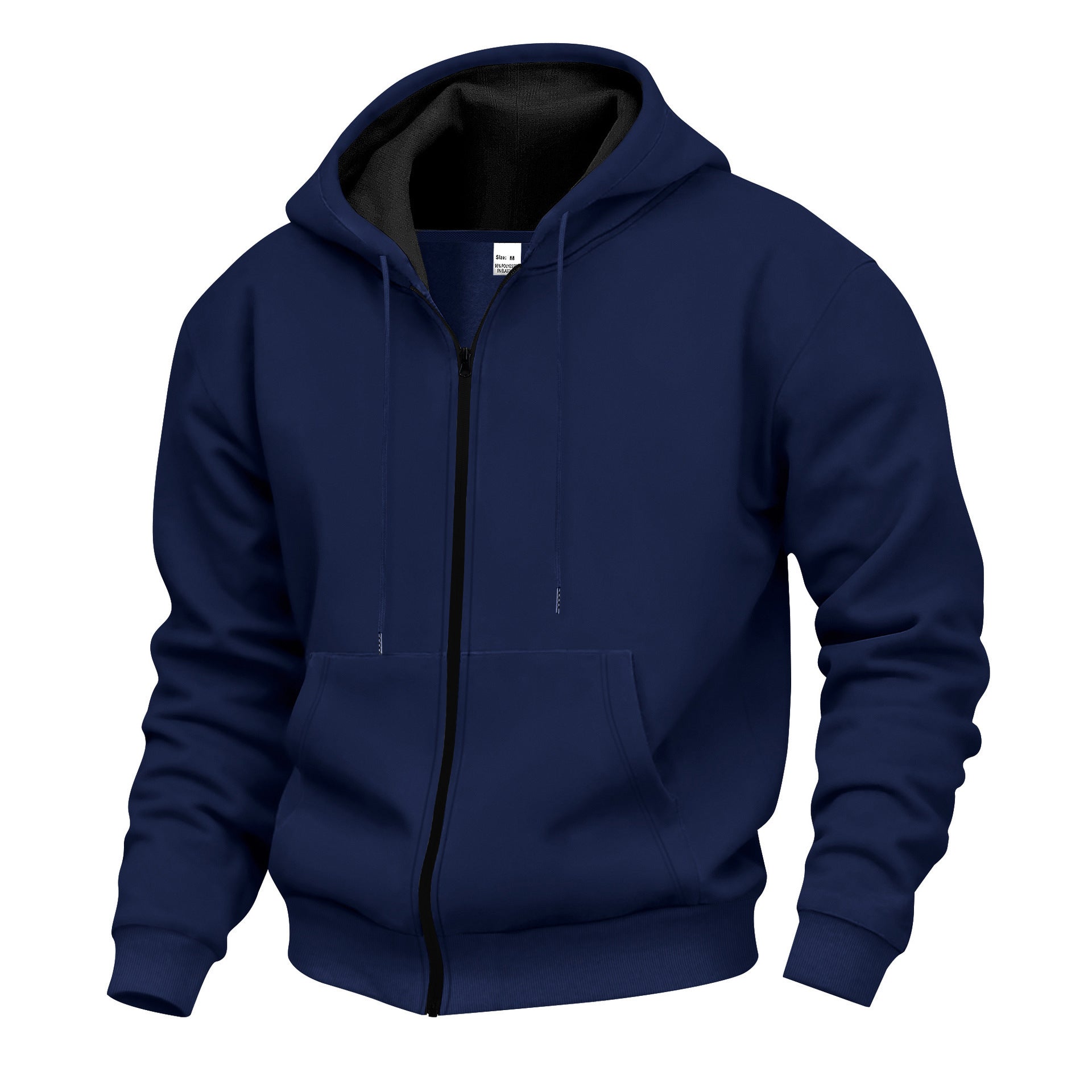 Men's Warm With Velvet Hooded Zipper Casual Sweatshirt Navy Blue - D&A