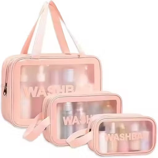 Wash Bag Pouch for Travel Kit Toiletry Bag Cosmetic Bag Make Up Box for Brushes, Accessories with Handle, Large Capacity Translucent Waterproof Travel Storage Organizer Set of 3