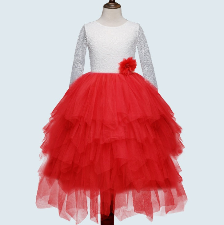 Autumn And Winter Explosions Hollow Children's Skirt Lace Long-sleeved Girls White Princess Dress Irregular Dress Red - D&A