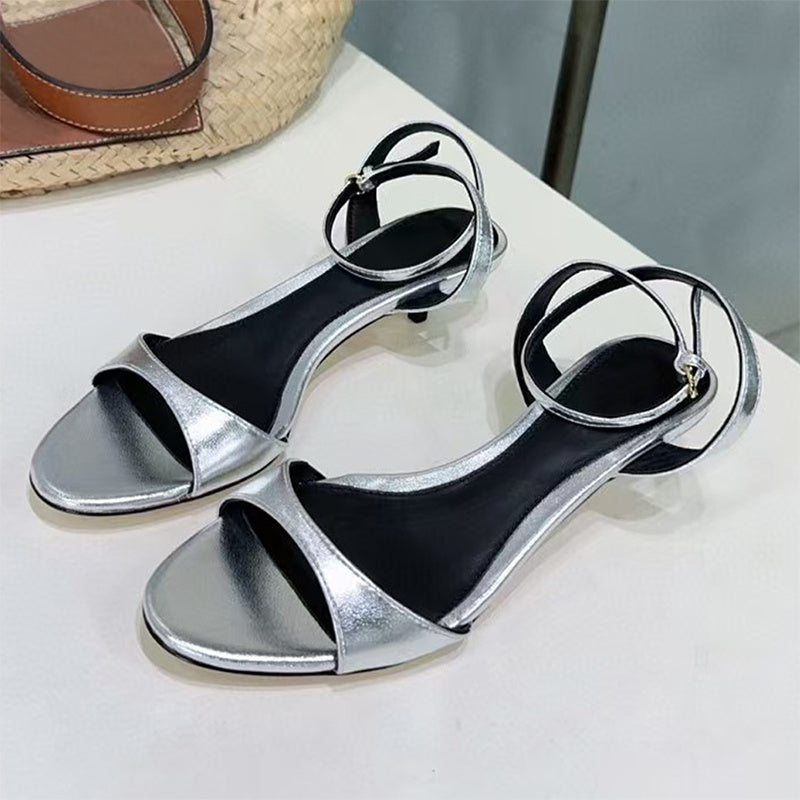 Women's Leather French-style Retro Open Toe Sandals With Kitten Heel Silver - D&A