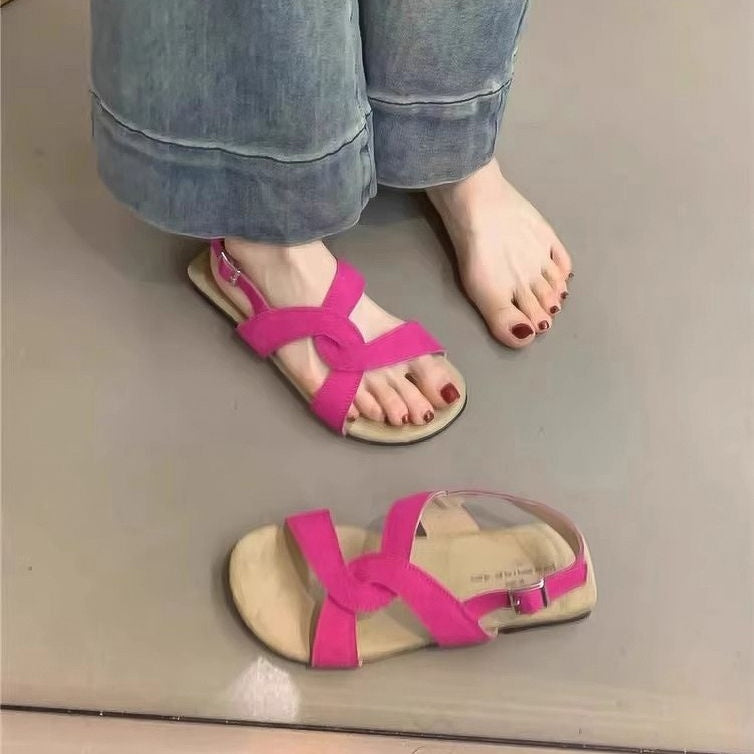 Retro Cross Strap Buckle Sandals For Women Summer Rose Red - D&A