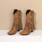 Autumn And Winter Tassel Women's Western Rivet Belt Buckle Tassel Middle Boots - D&A