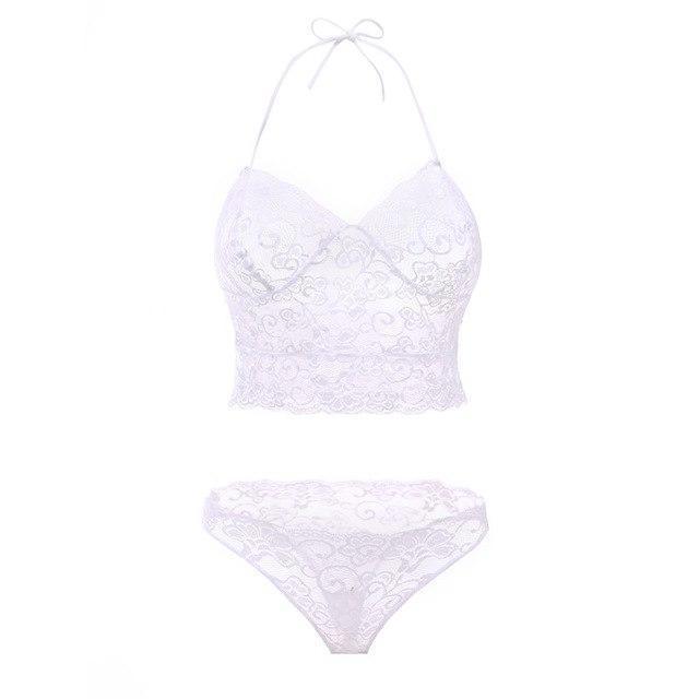 New erotic lingerie Sexy perspective pajamas set Sling lace lingerie White - D&A
