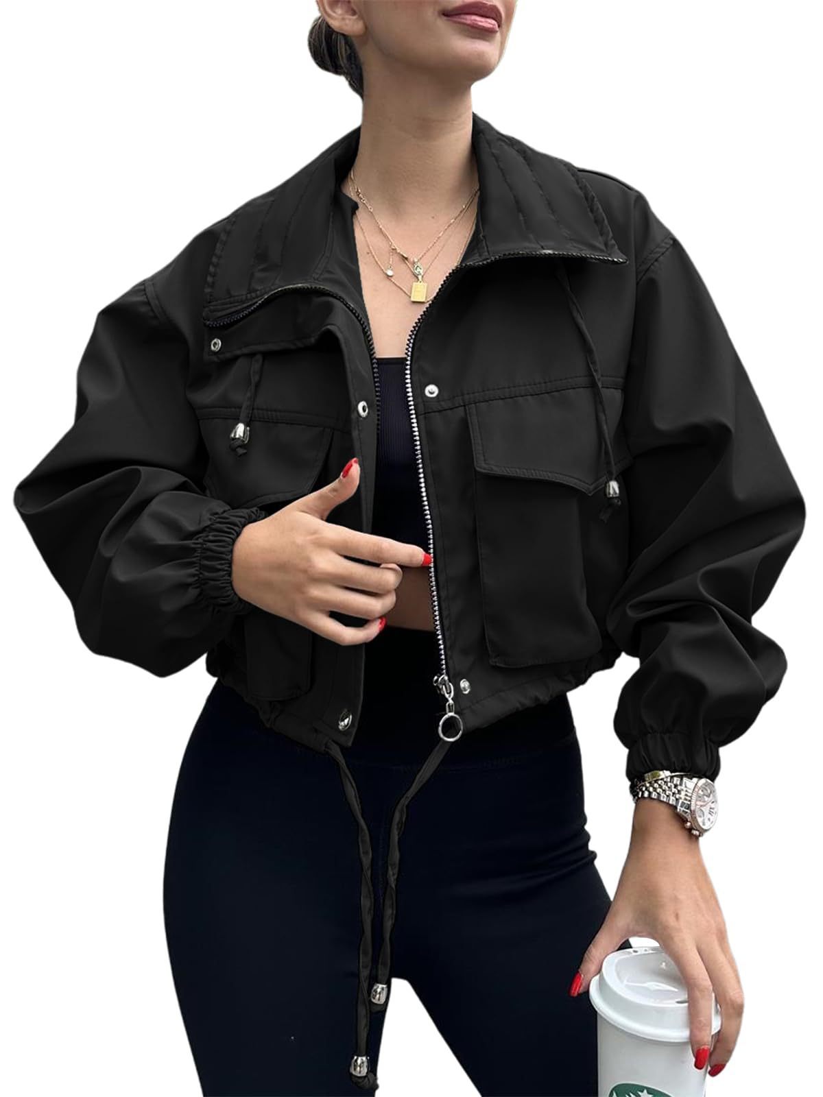 Solid Color Women's Short Jacket Zipper Trench Coat Black - D&A