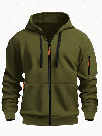 Zipper Hooded Sweatshirt Men's Sports Casual Cardigan Coat Army Green - D&A