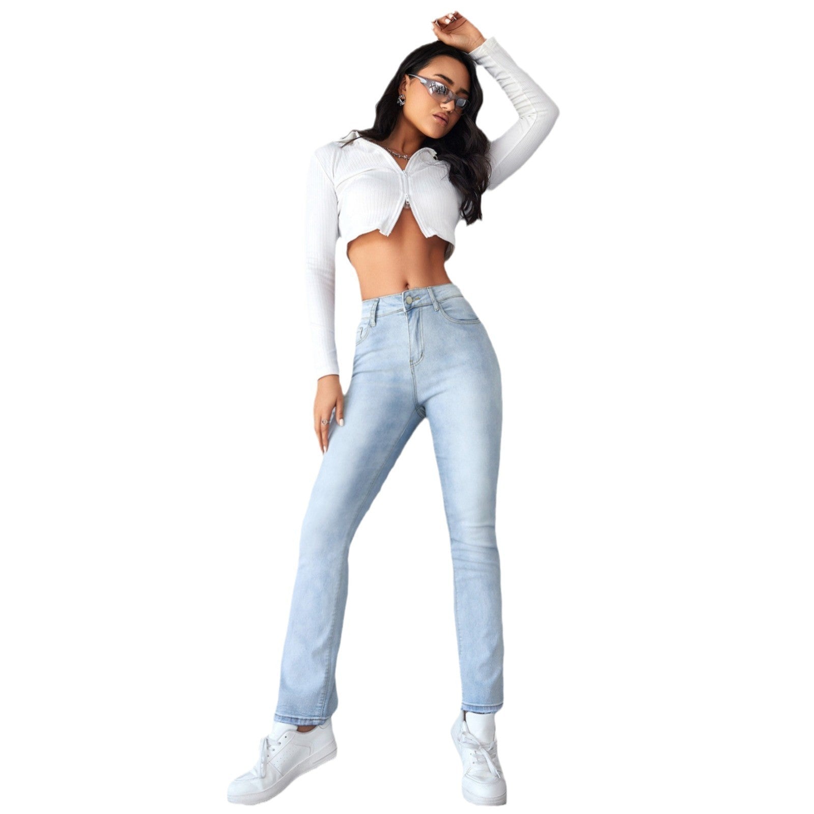 Women's Straight Leg Slim Fit Jeans, Fashionable And Simple Light Blue Pants - D&A
