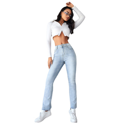 Women's Straight Leg Slim Fit Jeans, Fashionable And Simple Light Blue Pants - D&A
