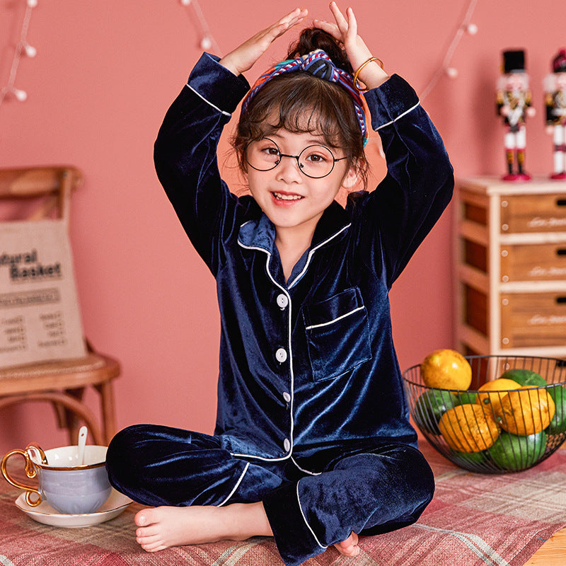 Children's Gold Velvet Solid Color Pajamas Set Blue - D&A