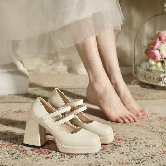 White Mary Jane Chunky Heel Wedding Shoes - D&A