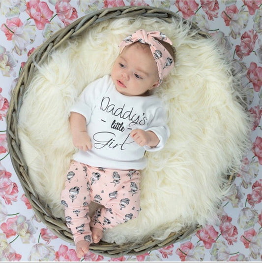 Infant Baby Girls Clothes Daddy's Little Girl T-shirt Cartoon Pants Headband Toddler Outfits Clothing Set - D&A