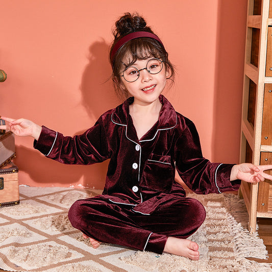 Children's Gold Velvet Solid Color Pajamas Set - D&A