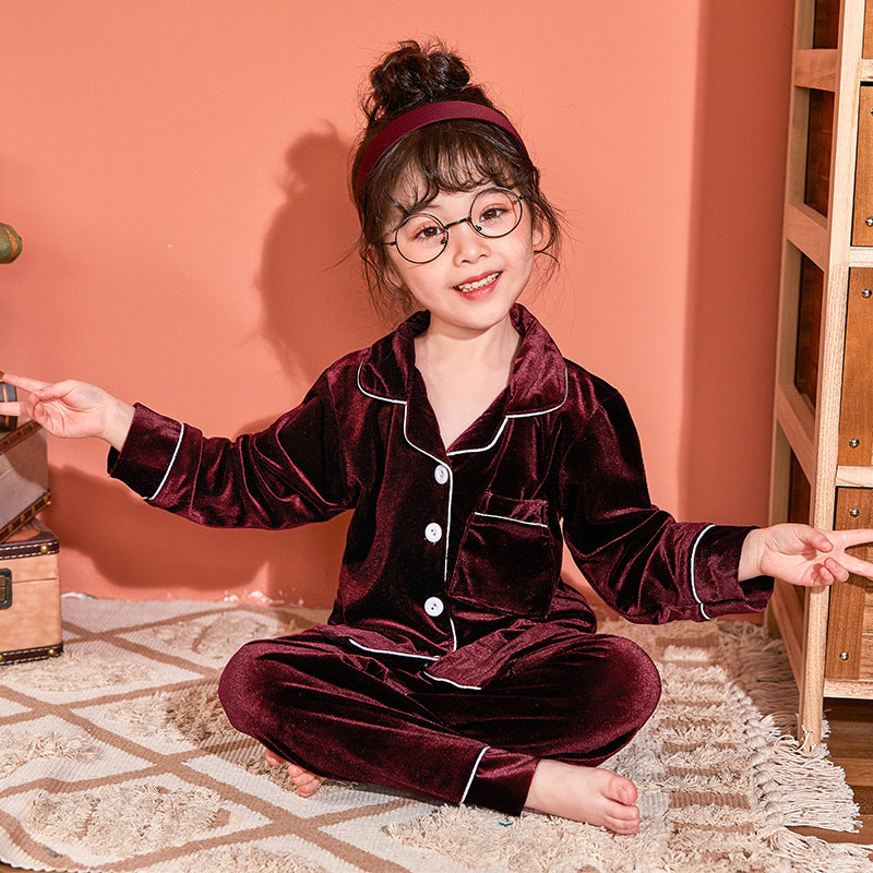Children's Gold Velvet Solid Color Pajamas Set Red - D&A