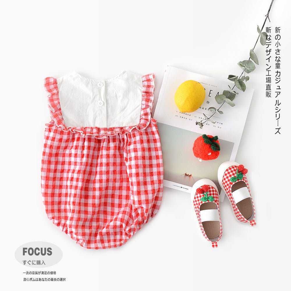 Baby plaid lace sleeves baby triangle romper baby kite clothes - D&A