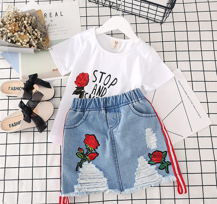 Kids Clothes White T-shirt Denim Skirt 2pcs Girls Suits - D&A